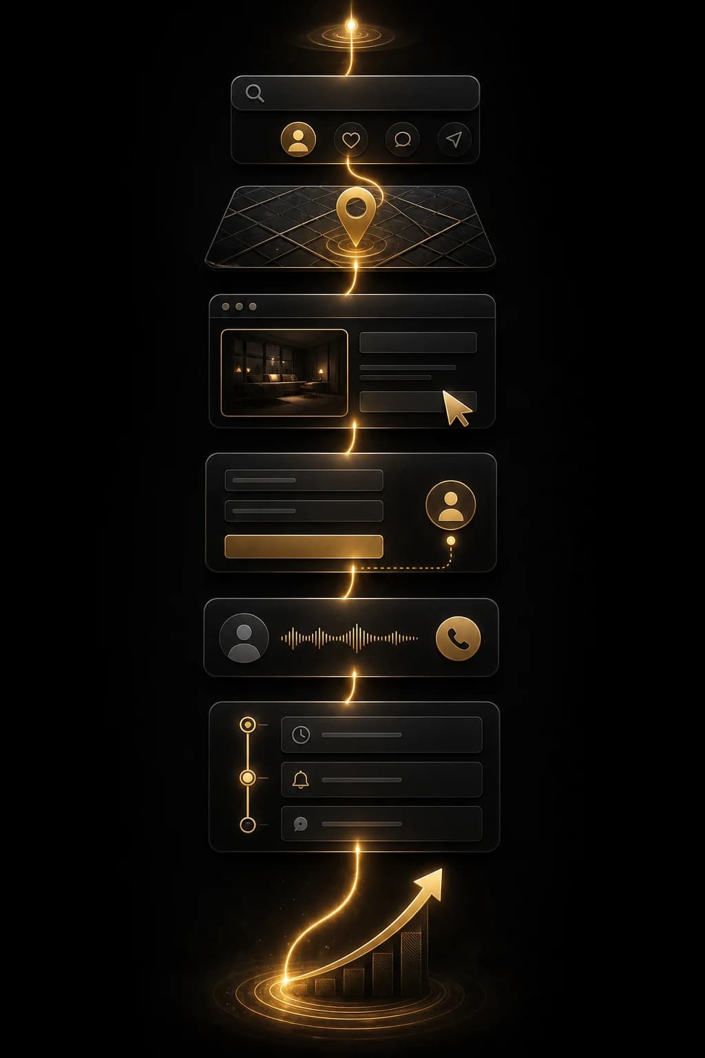 Vertical cinematic growth journey showing discovery, trust, click, capture, conversation, follow-up and growth
