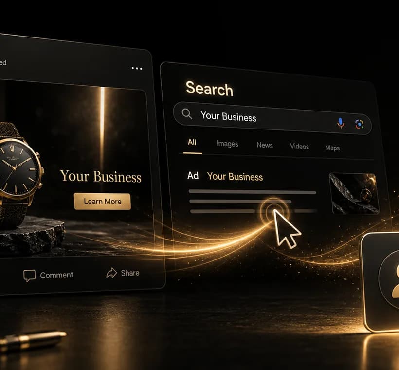 Acquire services visual showing ad and search discovery turning into a new lead