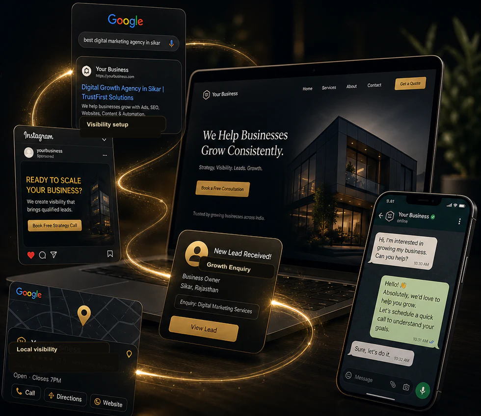 Cinematic mobile digital growth journey with local discovery, landing page, lead capture and WhatsApp follow-up