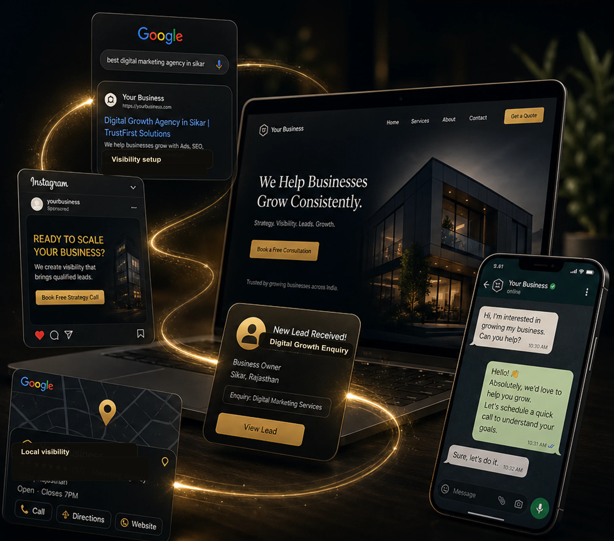 Cinematic digital growth journey showing search discovery, ads, local visibility, landing page, lead capture and WhatsApp follow-up